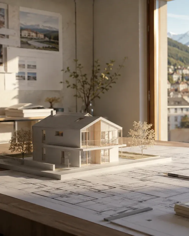 Architekturmodell eines Wohnhauses auf Bauplänen in einem Planungsatelier mit Blick auf eine Stadt und eine Berglandschaft.