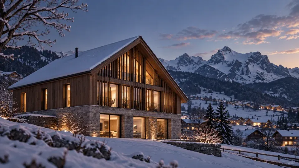 Zeitgenössisches Holzchalet mit steinernem Sockel in einer verschneiten alpinen Landschaft bei Abendlicht.