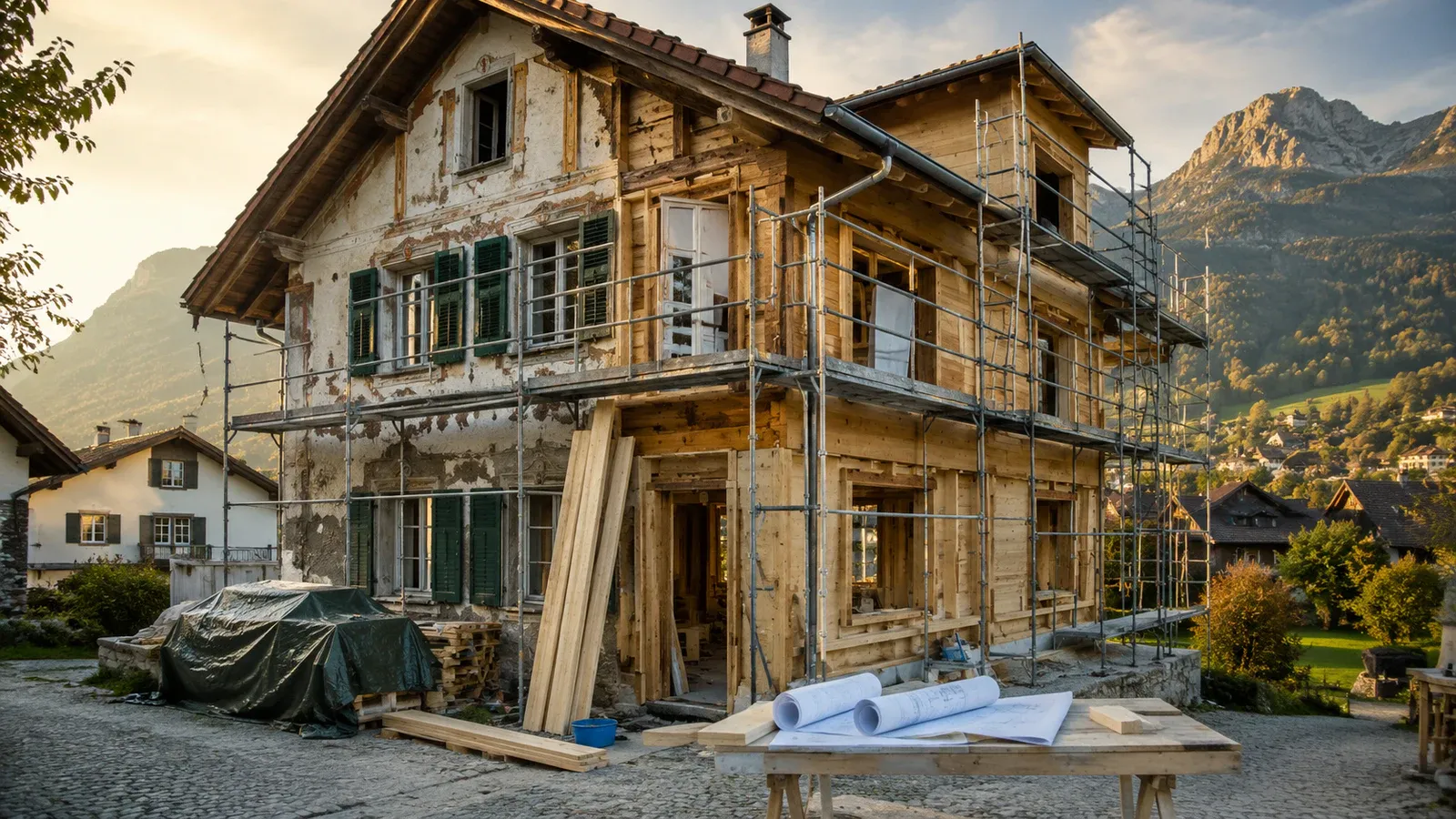 Wohnhaus während einer Sanierung mit freigelegter Fassade, neuer Holzkonstruktion, Gerüst und Bauplänen im Vordergrund.