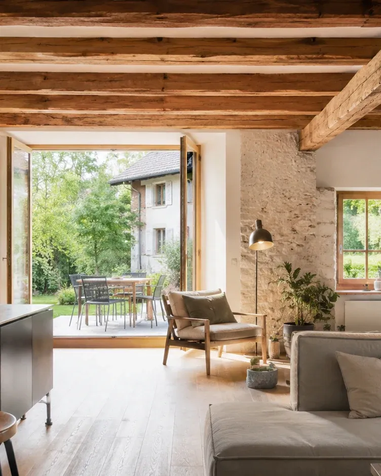 Sanierter Wohnraum mit sichtbaren Holzbalken und Natursteinwänden, moderner Küche und grosser Öffnung zum Garten.