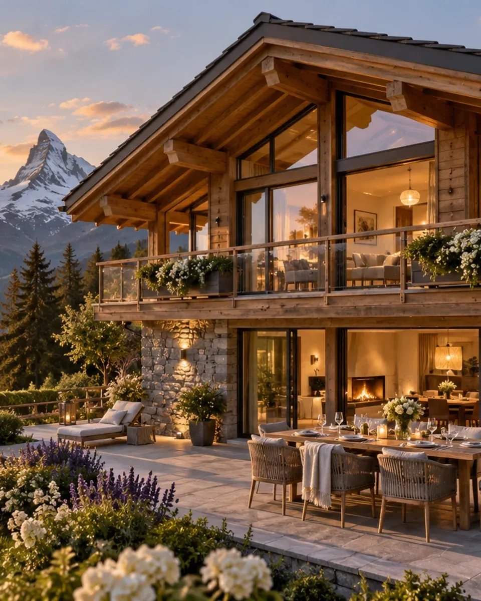Grosses Holzchalet mit steinernem Sockel, Terrasse und Garten vor einer alpinen See- und Berglandschaft bei Sonnenuntergang.