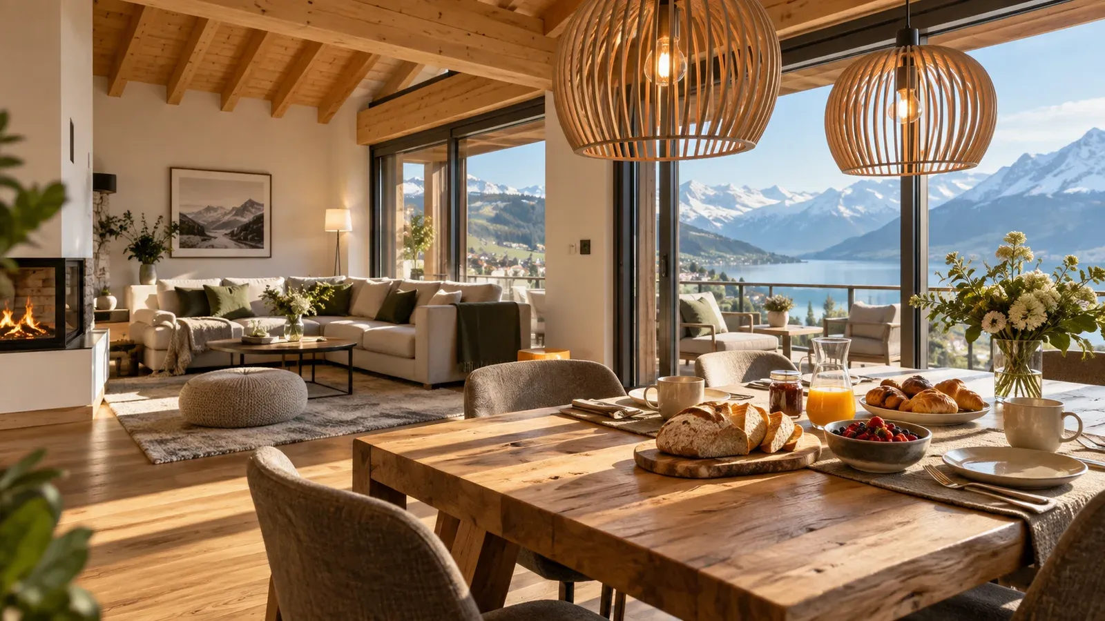 Offener Wohn- und Essbereich einer alpinen Ferienwohnung mit Holzdecke, grossen Fenstern und Blick auf See und Berge.