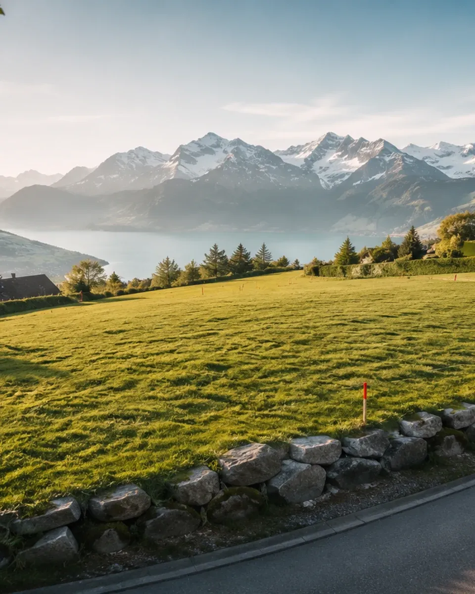 Unbebautes, geneigtes Wiesengrundstück an einer Strasse mit Wohnhäusern, See und Bergen im Hintergrund.