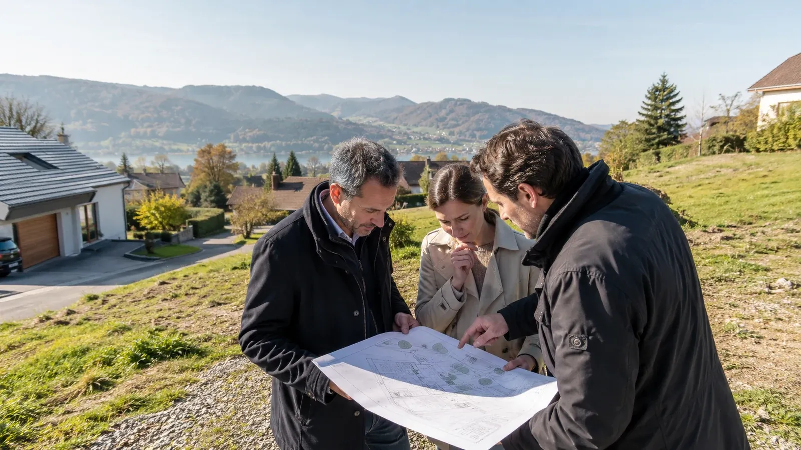 Drei Personen besprechen einen Plan auf einem geneigten Grundstück mit Wohnbebauung, See und Bergen im Hintergrund.