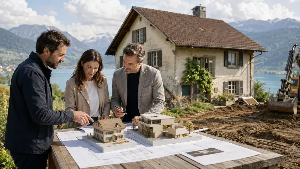 Drei Personen vergleichen Architekturmodelle vor einem älteren Wohnhaus; daneben steht ein Bagger, im Hintergrund liegen See und Berge.