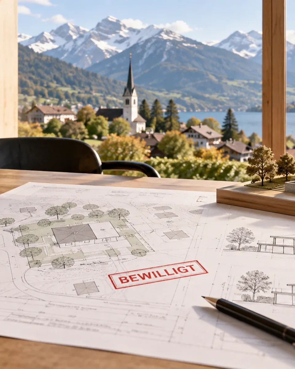 Architekturpläne, ein Gebäudemodell und eine Baueingabemappe auf einem Arbeitstisch vor einer alpinen Ortslandschaft; auf einem Plan ist ein roter symbolischer Stempel mit der Aufschrift «BEWILLIGT» zu sehen.