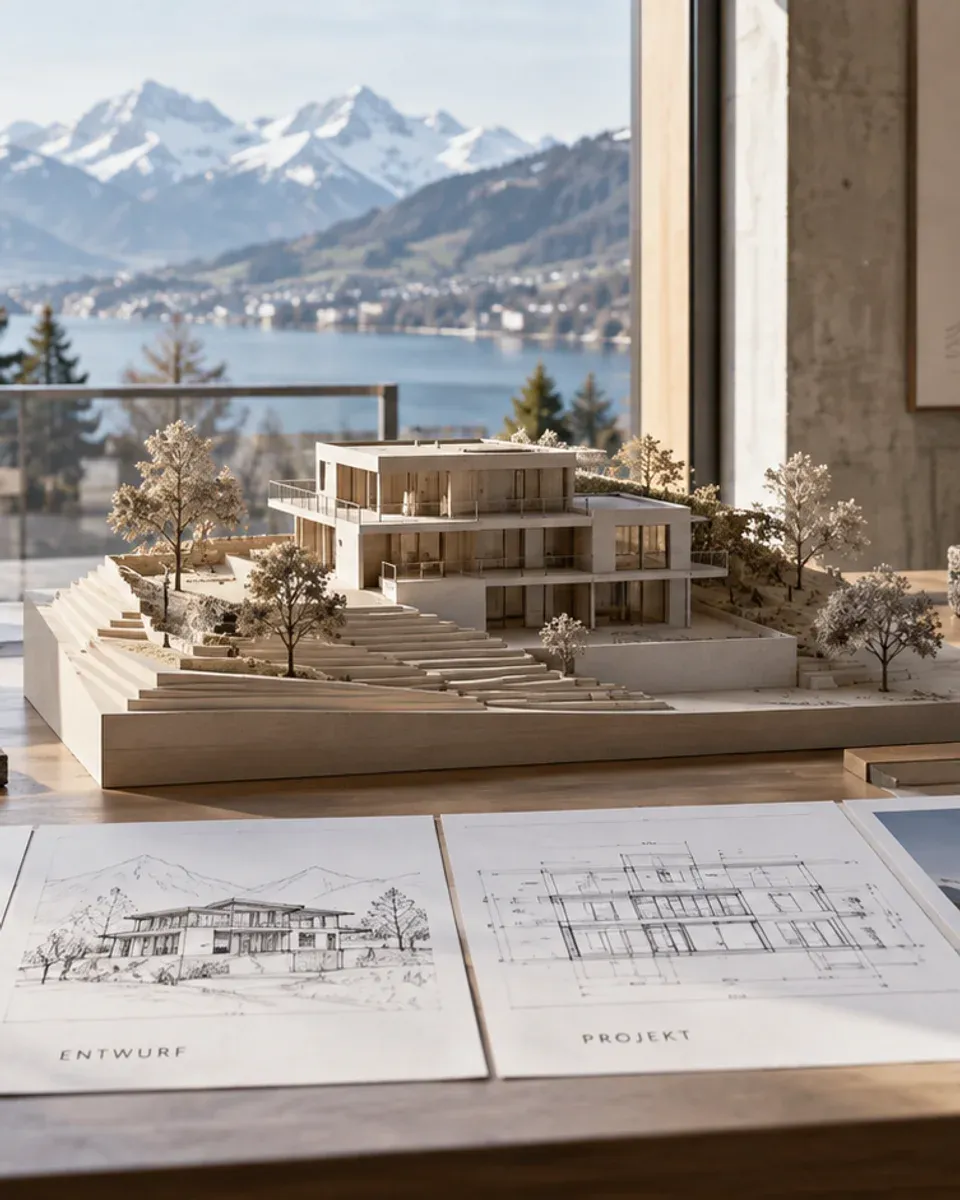 Architekturmodell, Entwurfszeichnungen, Materialmuster und Projektordner auf einem Arbeitstisch vor einem Fenster mit Blick auf See und Berge.