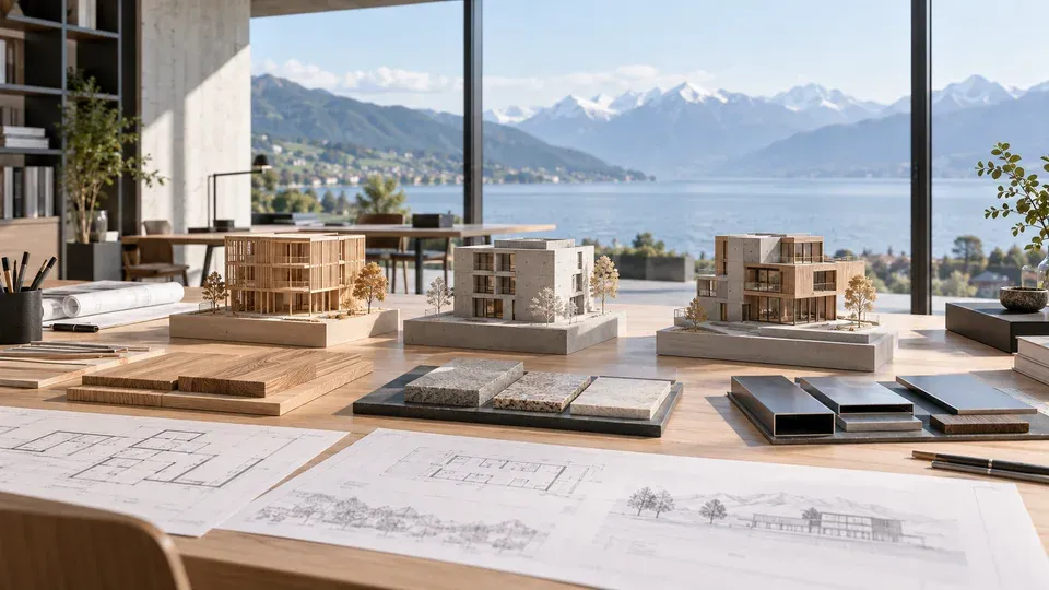 Drei Architekturmodelle, Materialmuster aus Holz, mineralischen Werkstoffen und Metall sowie Planunterlagen auf einem Arbeitstisch vor einer alpinen Landschaft.
