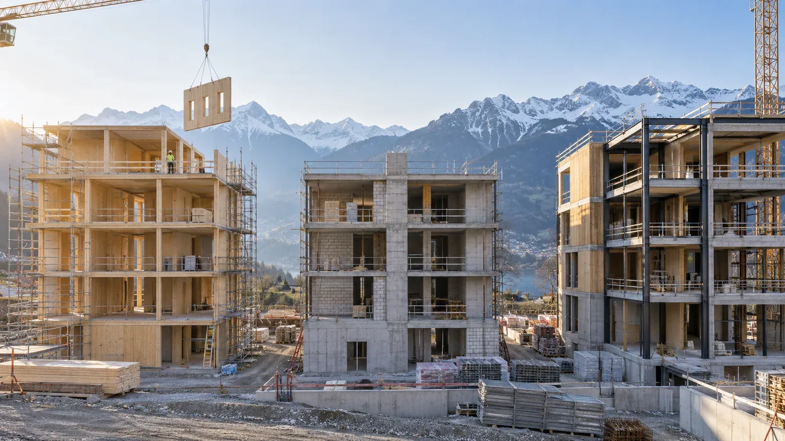 Drei Gebäude im Rohbau mit unterschiedlichen sichtbaren Trag- und Ausbaustrukturen vor einer alpinen Landschaft.