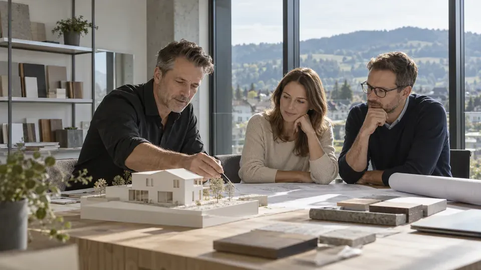 Architekt bespricht mit einer Bauherrschaft ein Hausmodell und Planunterlagen in einem Atelier.