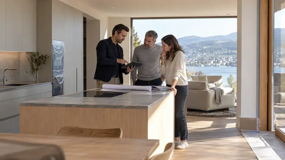 Architekt bespricht mit zwei Bauherrschaften Unterlagen in der Küche eines nahezu fertiggestellten Hauses.