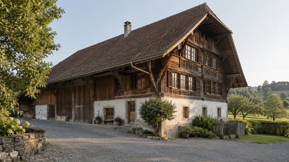 Grosses Bauernhaus mit Holzfassade, verputztem Sockel und seitlichem Ökonomiebereich in ländlicher Umgebung.