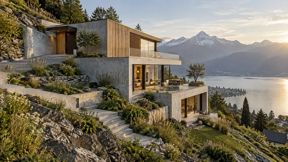 Gestaffeltes Haus aus Beton und Holz an einem steilen Hang über einem See und einer Berglandschaft.