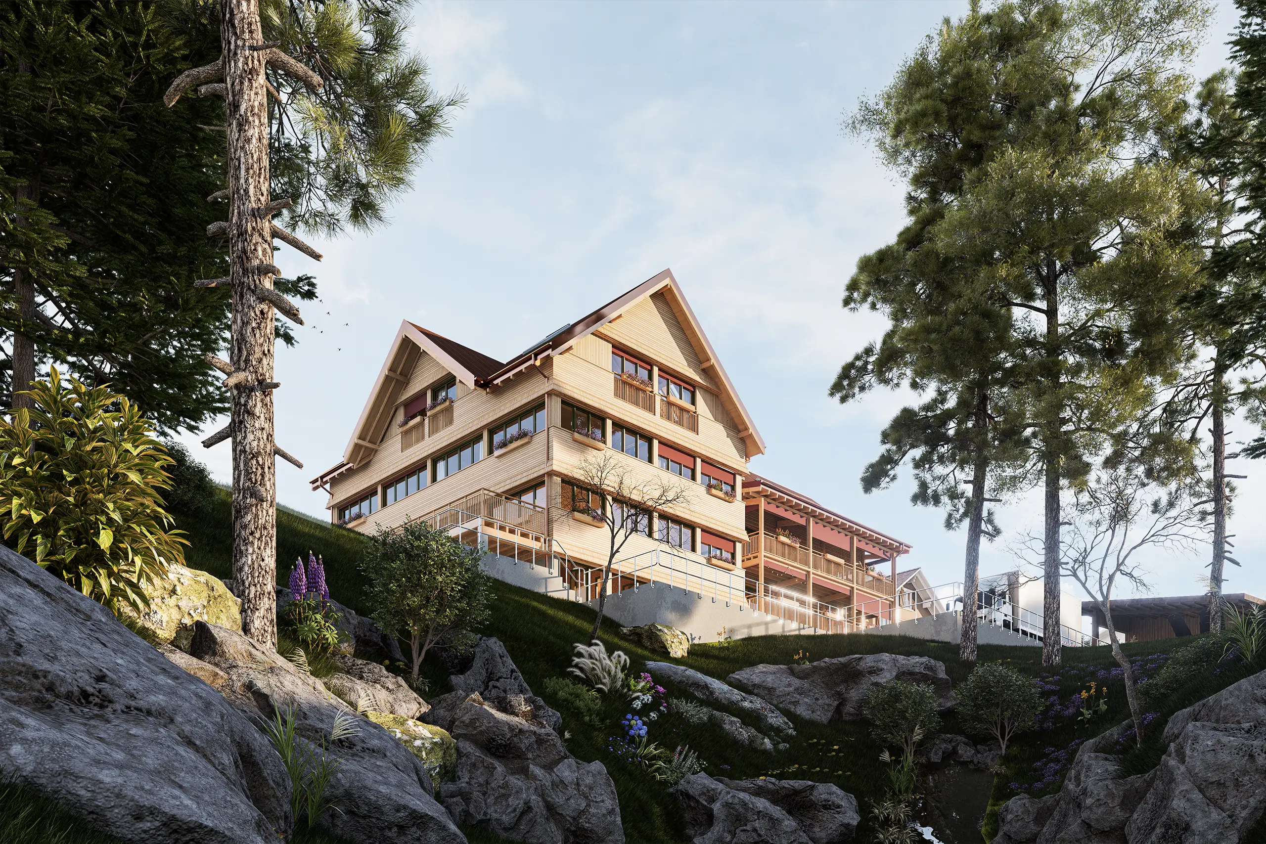 Studie eines Mehrfamilienhauses aus Holz in einem Bergdorf im Toggenburg.