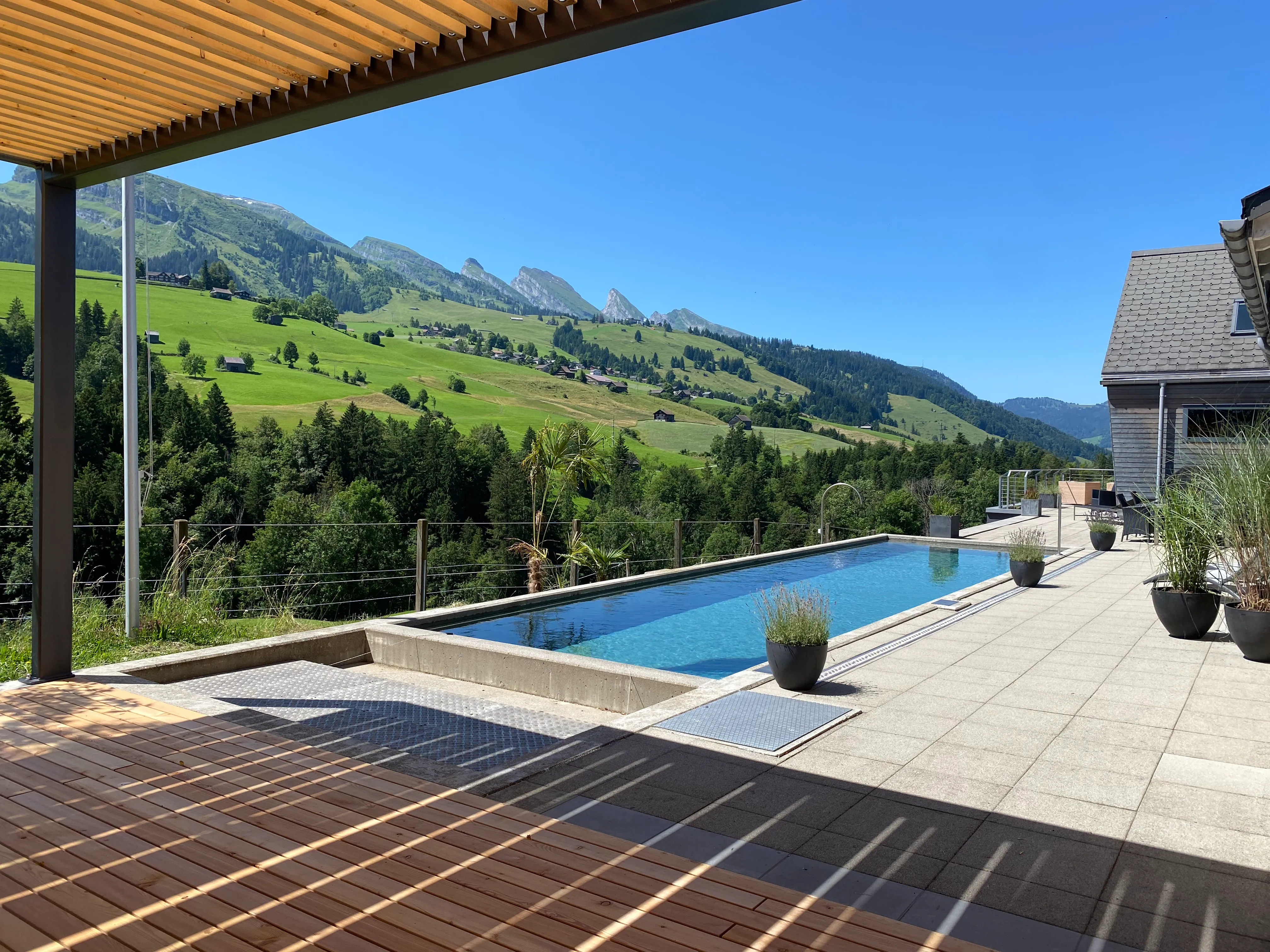 Pool integrated into the setting next to the timber pergola in the garden.