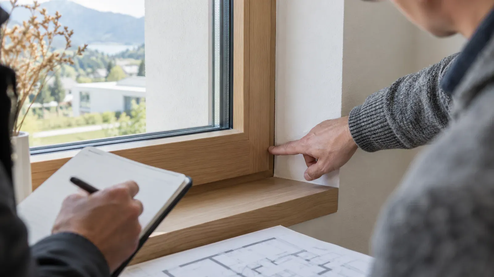Eine Person zeigt auf den Anschluss eines Holzfensters, während eine zweite Person den Punkt notiert.