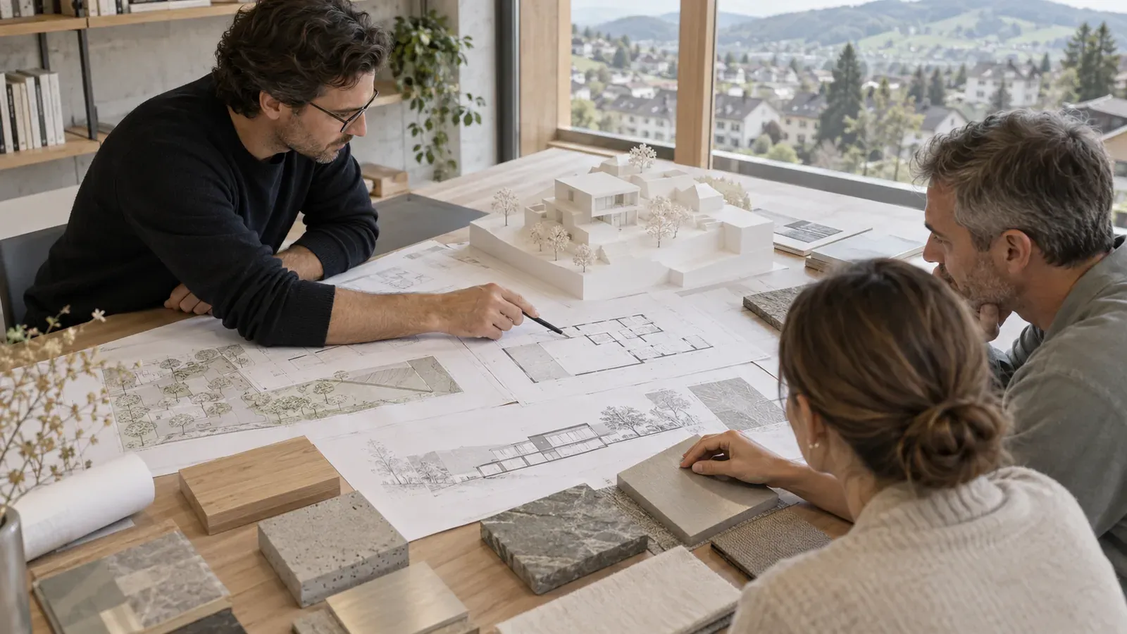 Architekt und Bauherrschaft betrachten gemeinsam Pläne, ein Architekturmodell und Materialmuster.