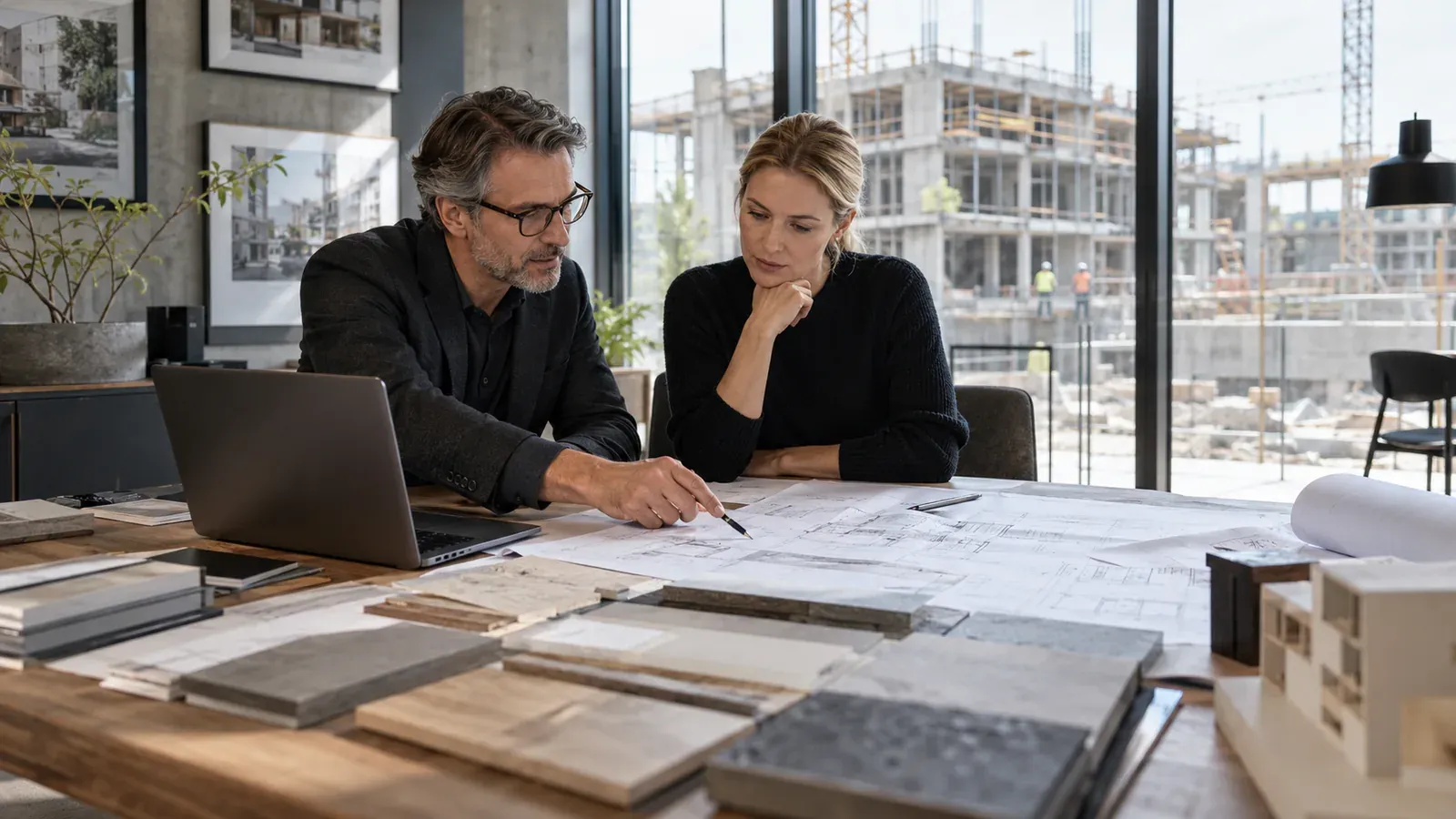 Zwei Personen besprechen in einem Architekturbüro Pläne und Materialmuster vor einer Baustelle.