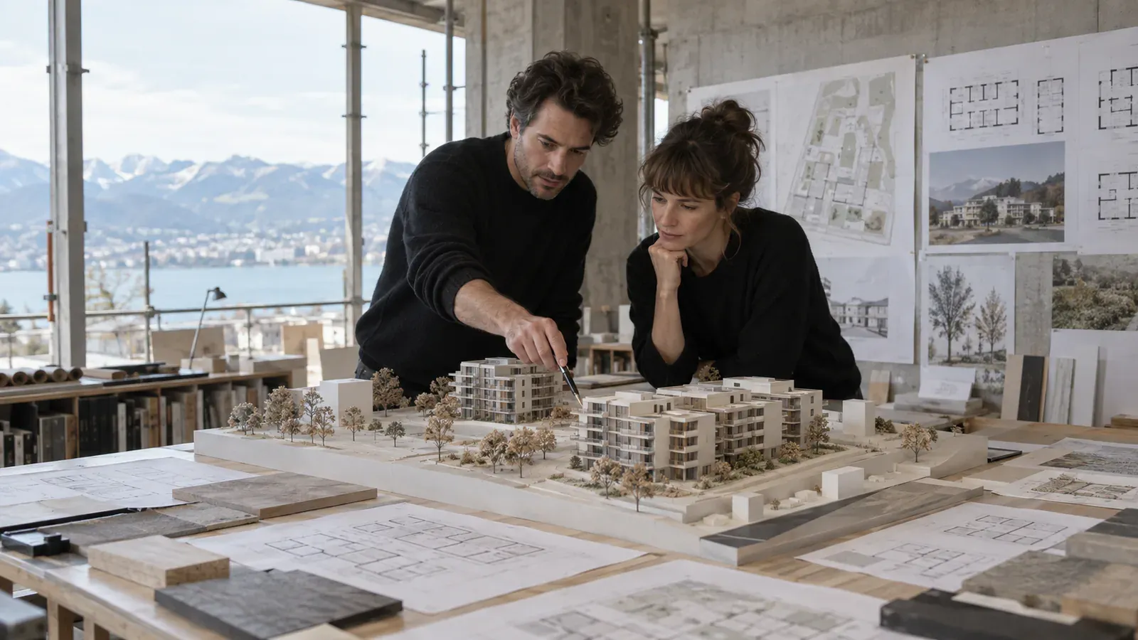 Zwei Personen vergleichen an einem Architekturmodell mehrere Baukörper und Planunterlagen für ein Wohnprojekt.
