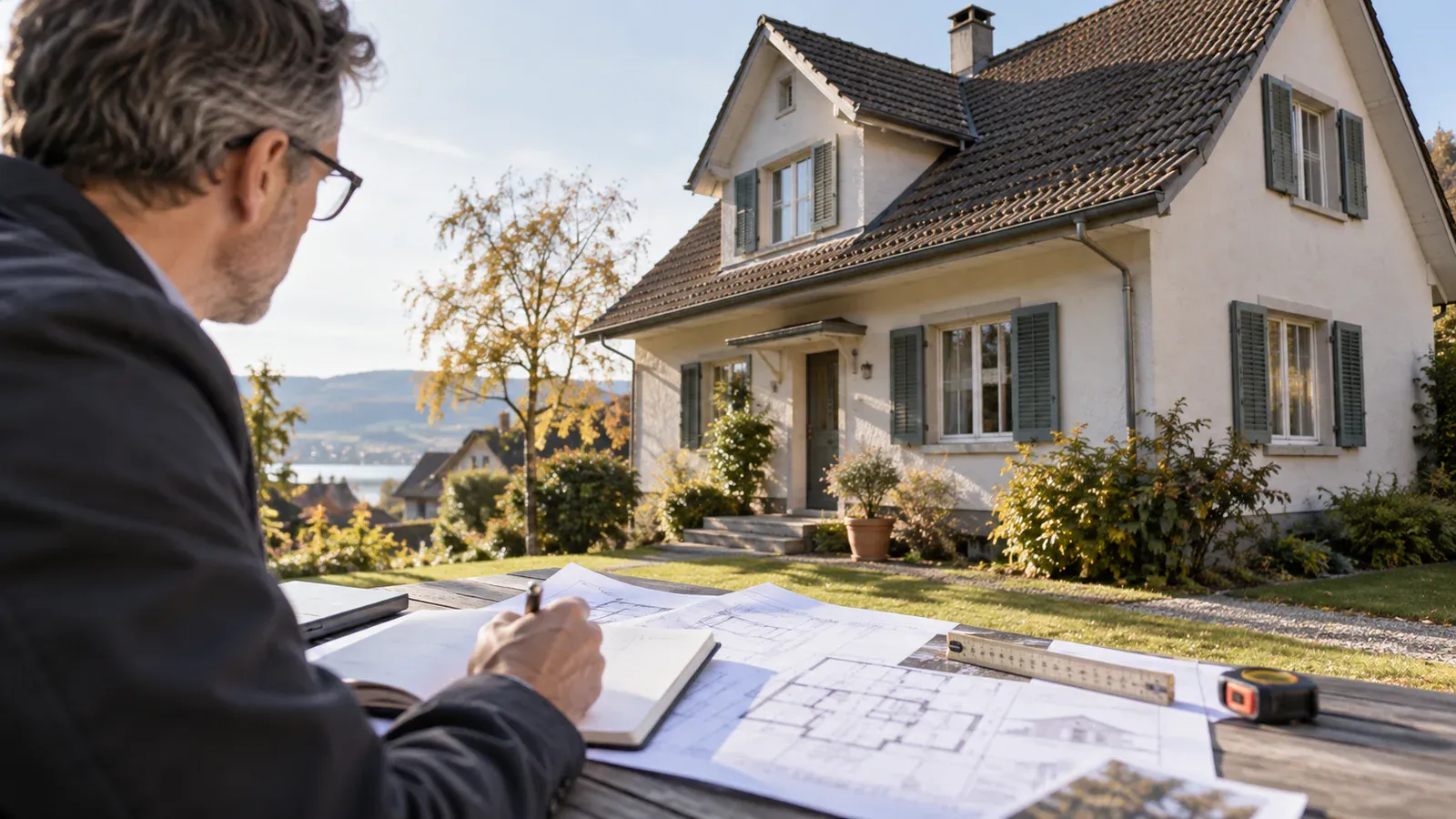 Person betrachtet ein älteres Wohnhaus und arbeitet im Vordergrund mit Plänen und Notizbuch.
